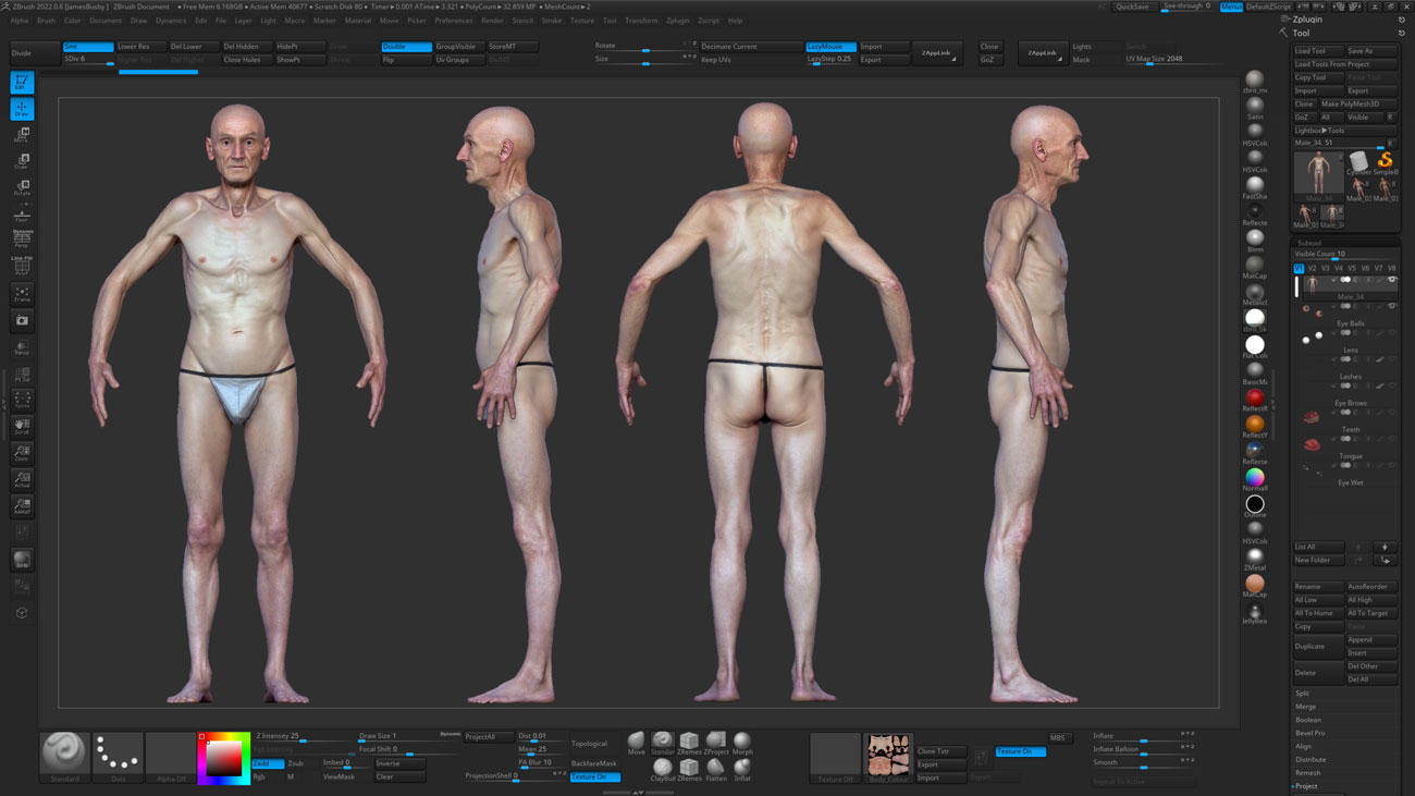 ZBrush ZTool render of an older male 3D body scan at high subdivision showing sculpt-ready geometry